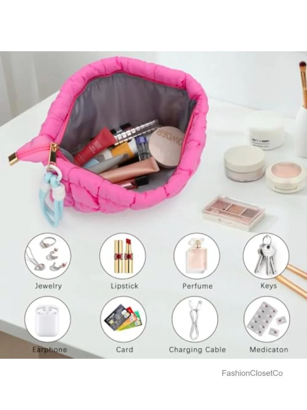 Quilted Puffer Makeup Bag with Handle Large Capacity Cosmetic Travel Organizer